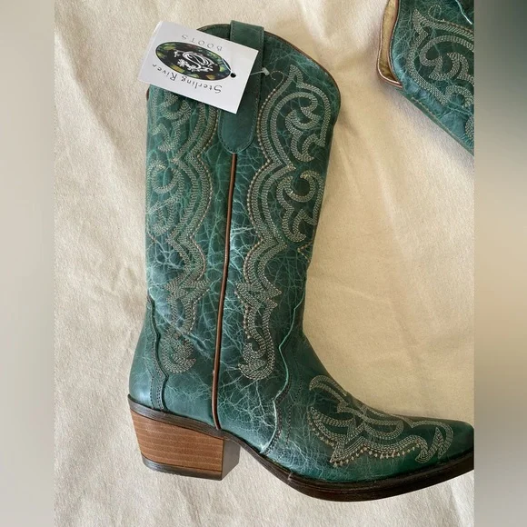 NWT Sterling River Boots Emerald Green Leather Embroidered Western Boots W11 - Picture 4 of 12